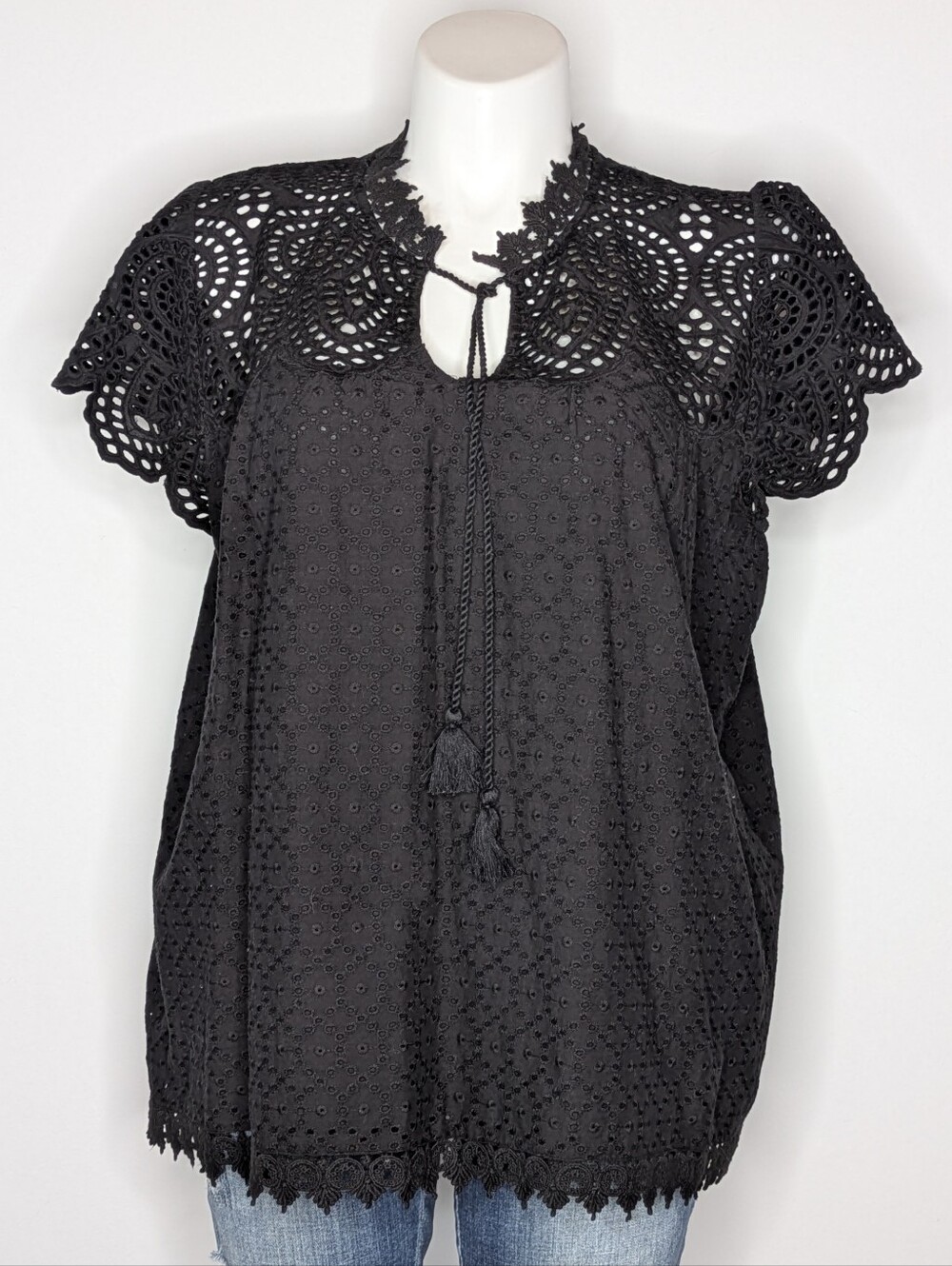 Jennifer & Grace Black Lace Tie Neck Short Sleeve Cotton Blouse 1X